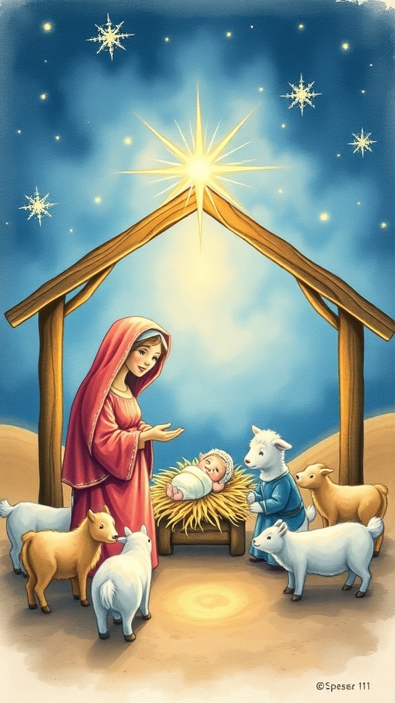 Nativity scene drawing with Mary, Joseph, and baby Jesus in a stable under a starry sky.